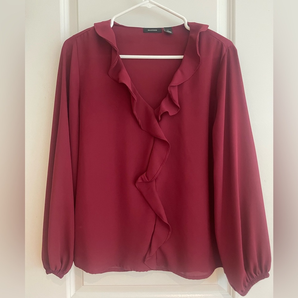 Elegant Maroon Ruffle Blouse by Halogen.